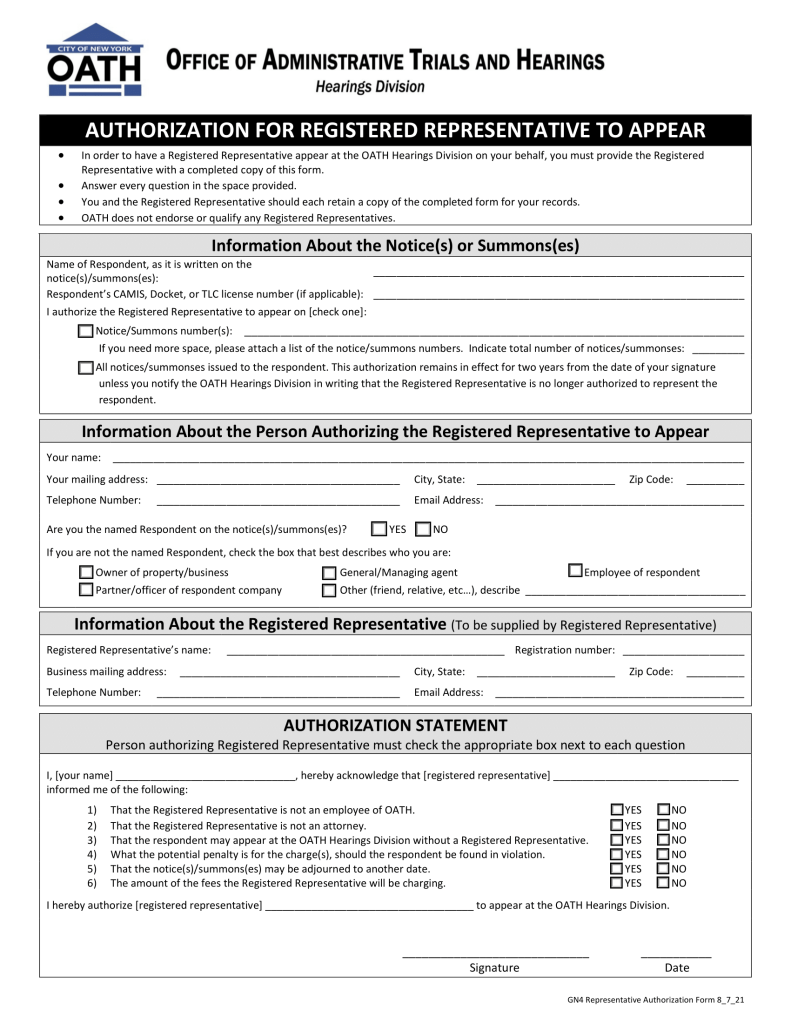OATH Registered Representative Form