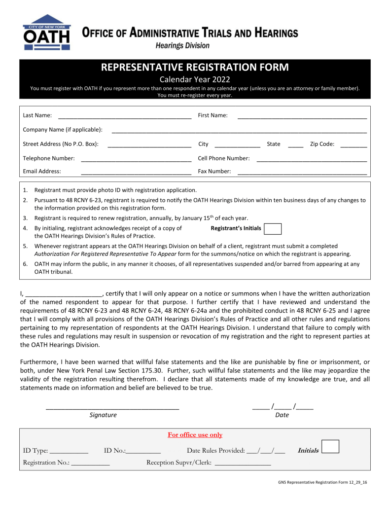 OATH Representative Registration Form