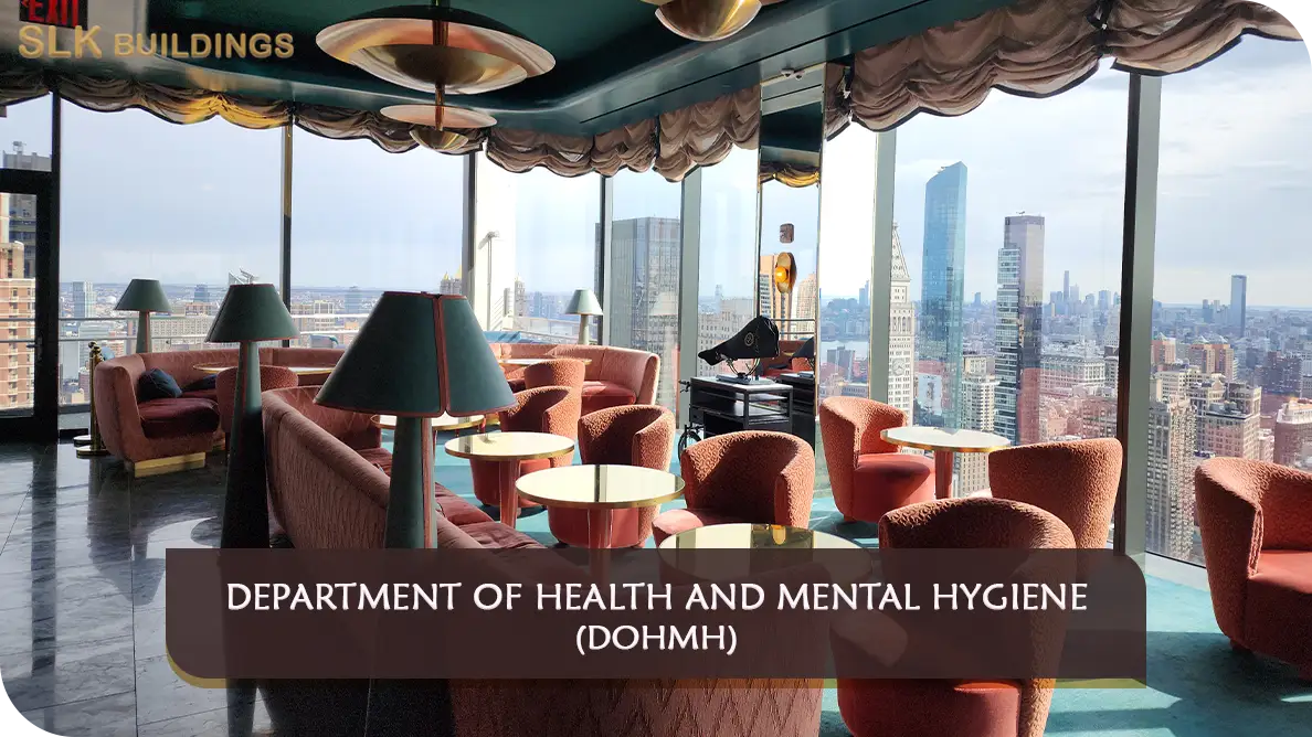 Rooftop lounge with NYC skyline view representing DOHMH restaurant permit compliance