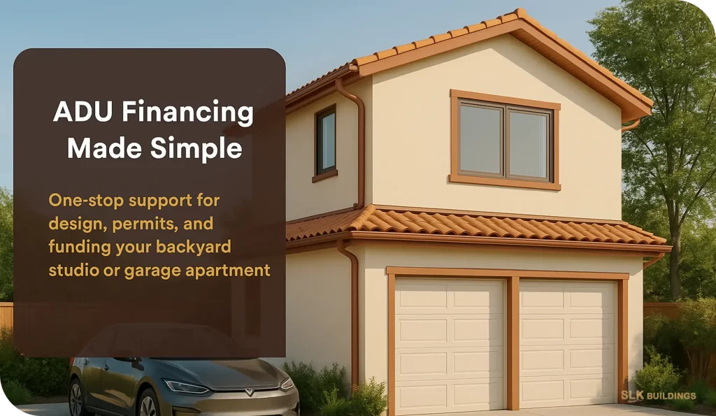 Two-car garage with an accessory dwelling unit above, illustrating ADU financing options and design support by SLK Buildings